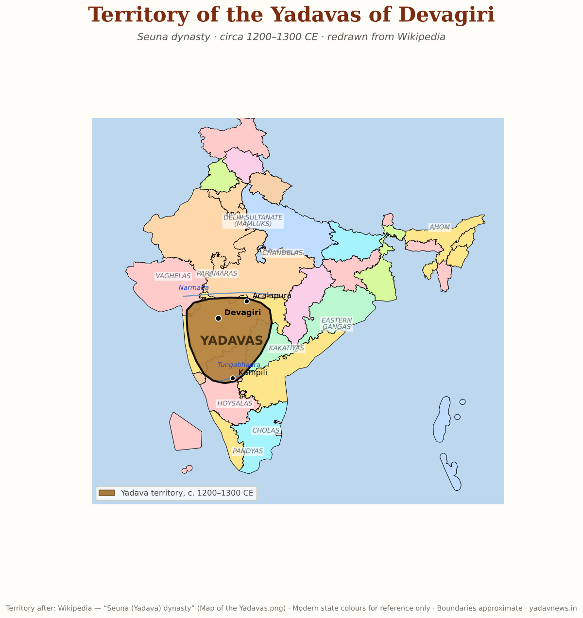 Map of the Indian subcontinent around 1200-1300 CE colour-coded by kingdom, with the Yadava (Seuna) realm of the western Deccan highlighted in brown between the Narmada and Tungabhadra rivers, its capital Devagiri and the towns of Acalapura and Kampili marked, and neighbouring polities labelled - the Delhi Sultanate, Vaghelas, Paramaras, Chandelas, Kakatiyas, Eastern Gangas, Hoysalas, Cholas, Pandyas and Ahom.