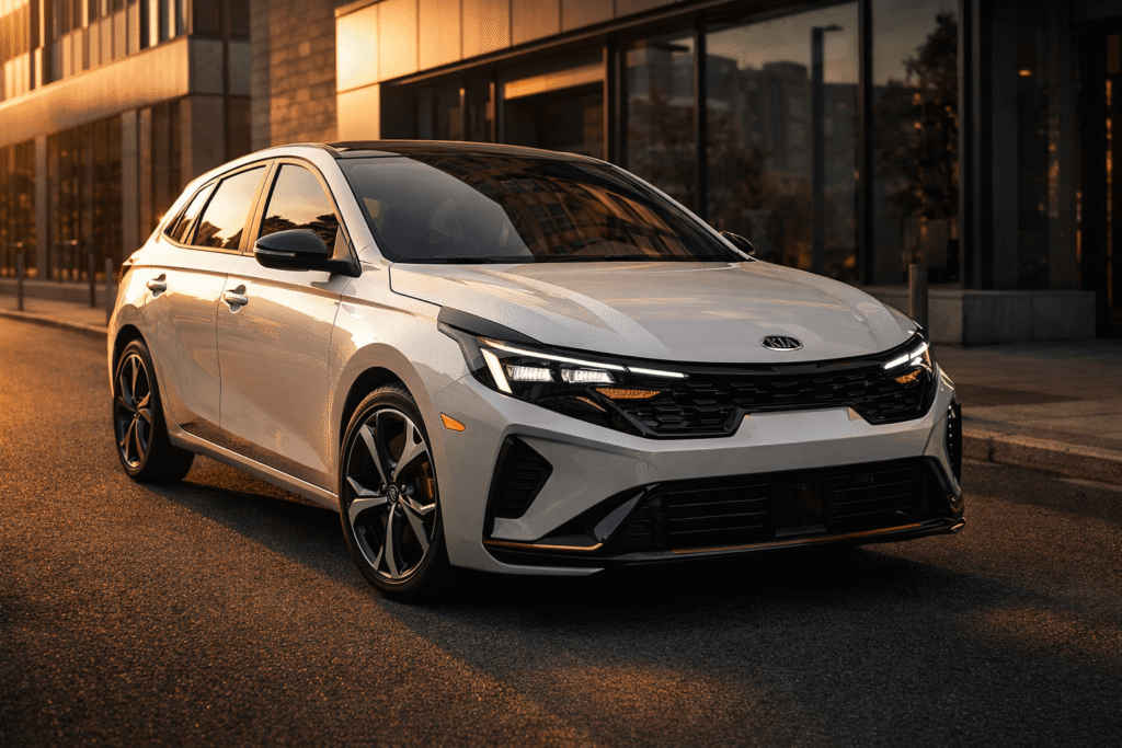 2026 Kia K4 hatchback parked on a modern urban street at golden hour showing sporty design and LED lighting
